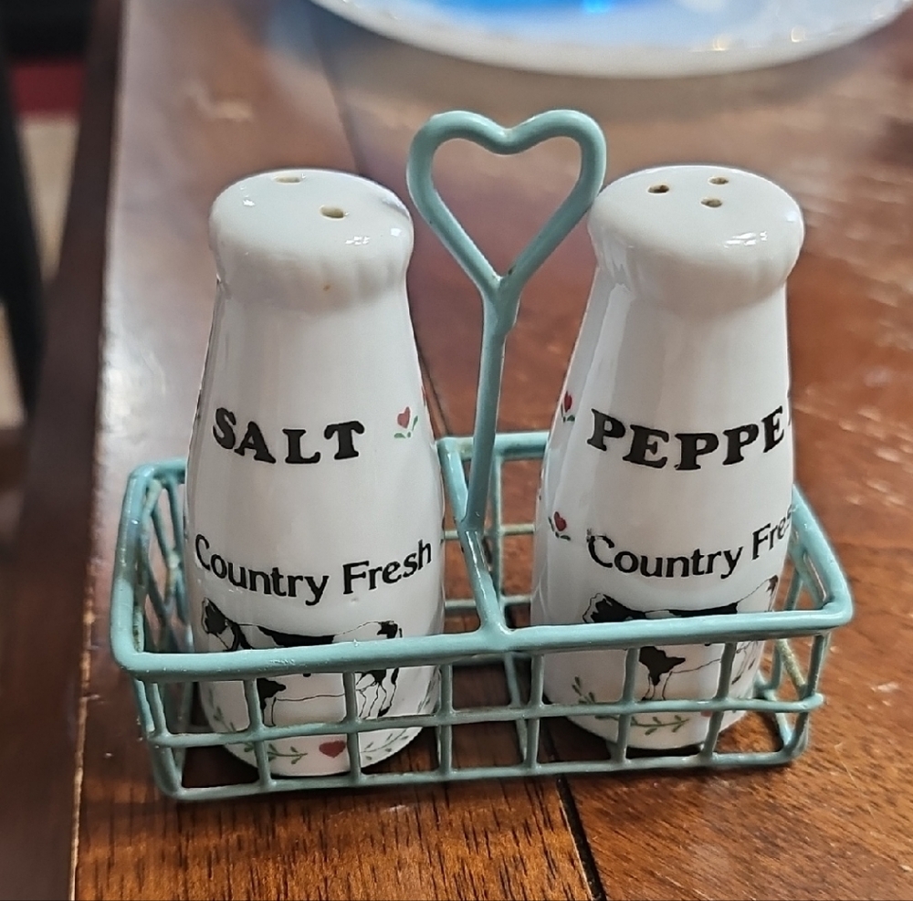 Vintage Salt and Pepper Shakers with Heart Holder